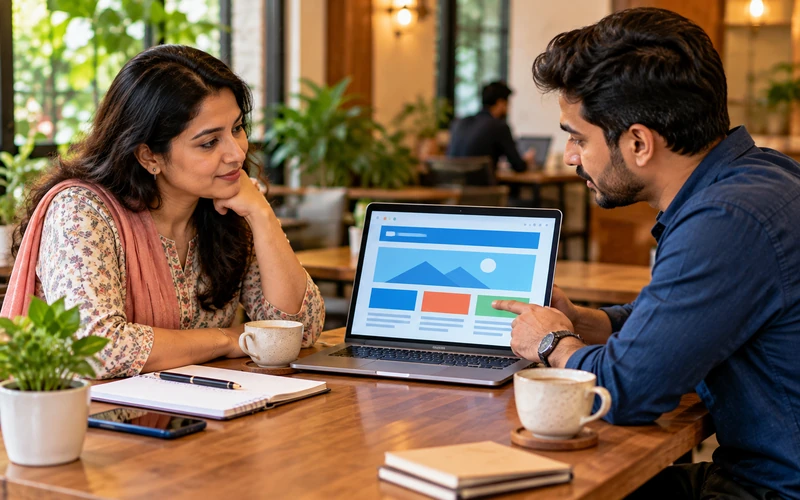A small business owner and a web developer review a project plan together at a table.