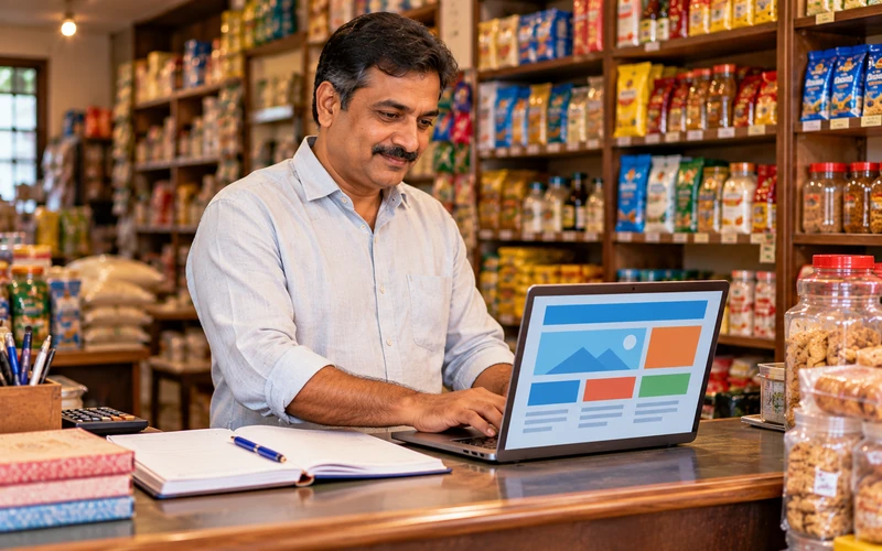 A small shop owner updates content on a laptop at the counter of their store.