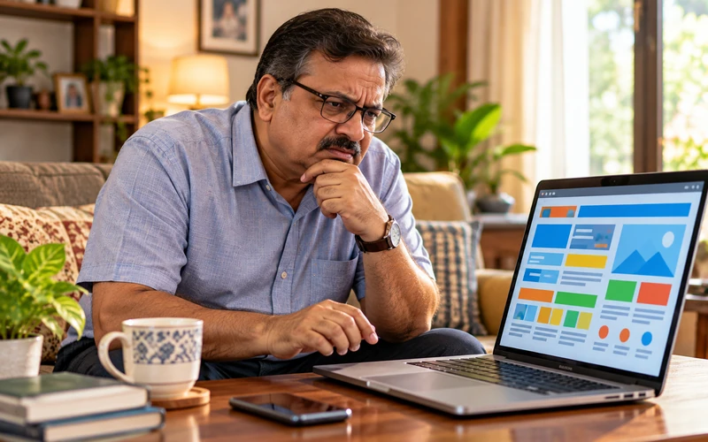 A visitor leans toward a laptop, unsure where to click next on a cluttered page.