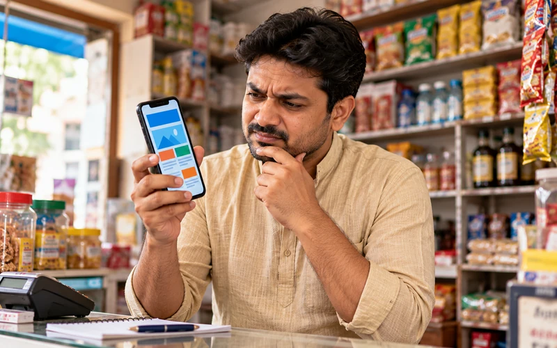 A shopkeeper studies a smartphone screen showing a squeezed, hard-to-read website layout.