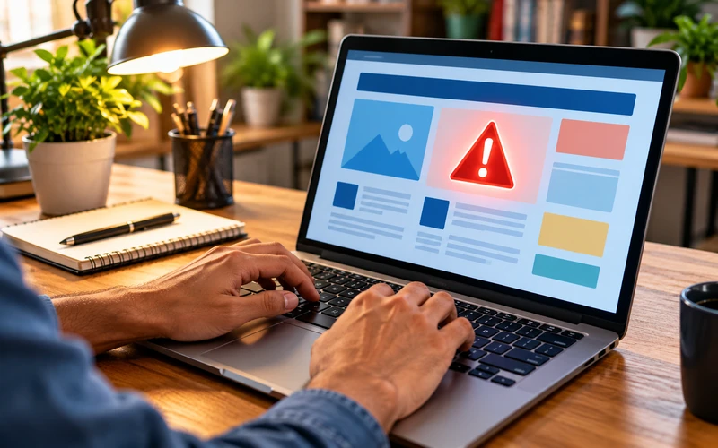 Close-up of hands typing on a laptop beside a faint browser security warning icon.