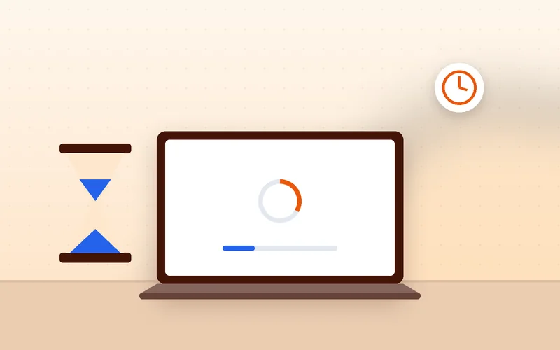 A laptop screen shows a loading icon while a customer waits impatiently at a desk.