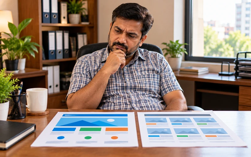 A small business owner sits at a desk thoughtfully weighing two website options