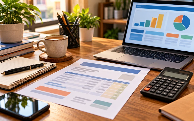 An invoice, calculator, and open laptop sit together on a desk for cost planning