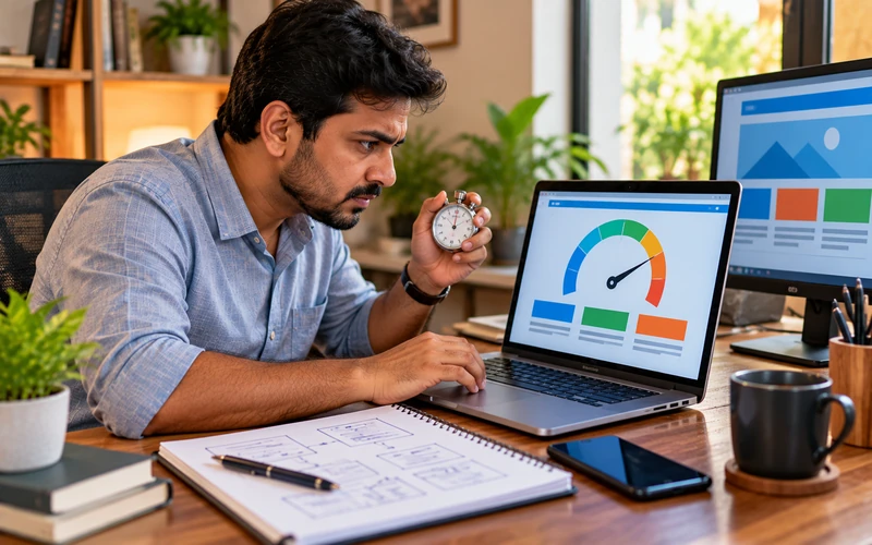 A laptop screen displays a page loading speed gauge during a performance test