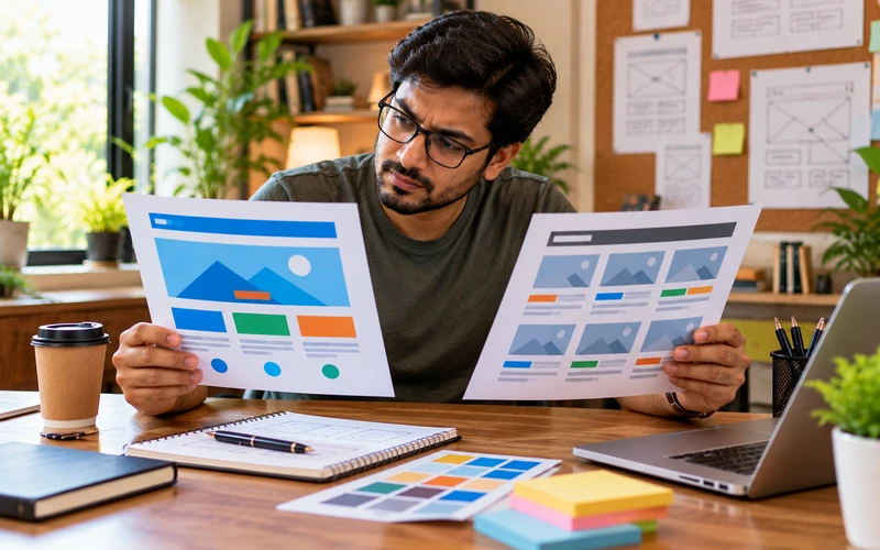 A designer at a desk compares two printed website mockups, one custom and one templated.