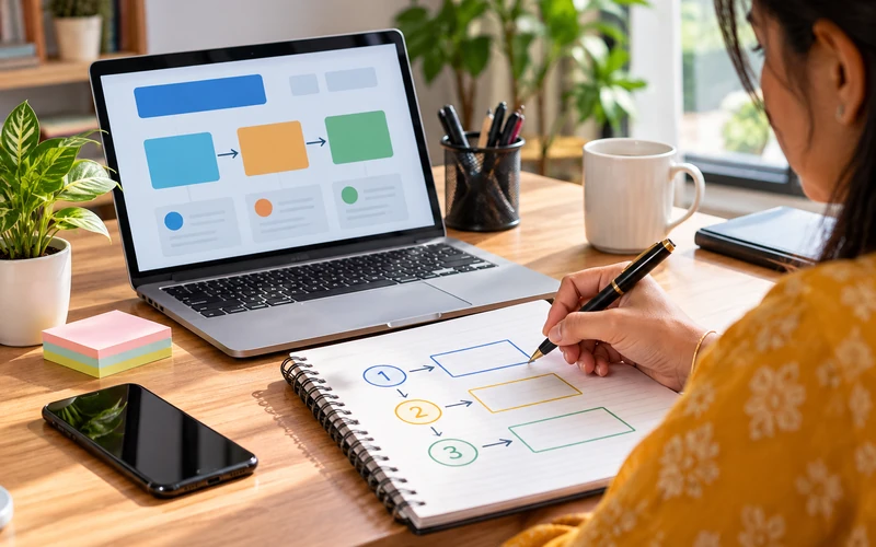 A notebook page maps out project stages with sticky notes beside an open laptop.