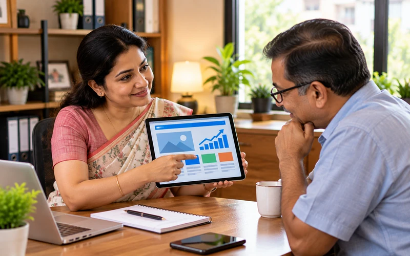 A small business owner shows a customer a success story on a tablet to ease their doubts.