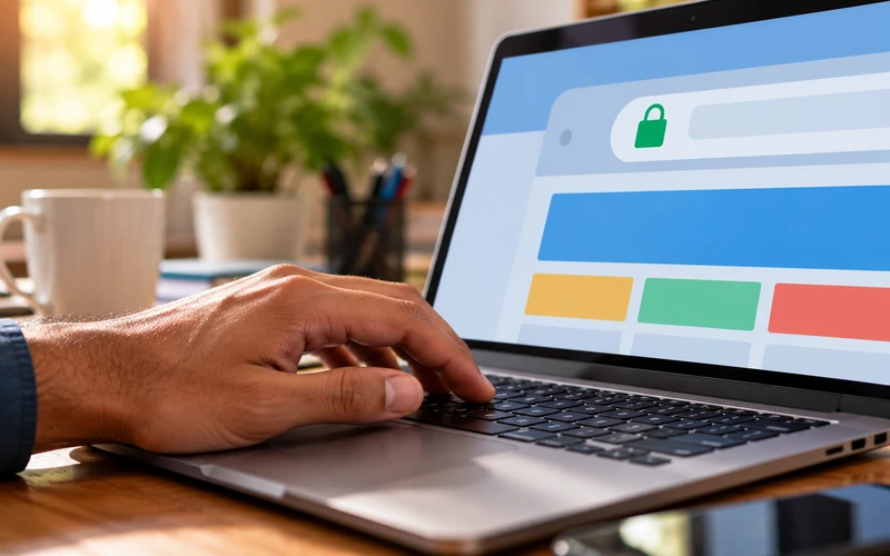 A close-up of a laptop screen showing a browser security padlock icon beside a typing hand.
