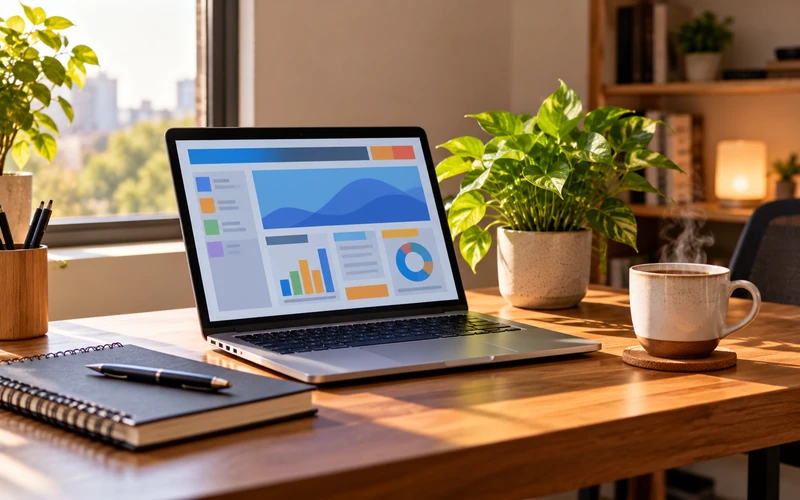 A tidy desk with a laptop notebook and small plant symbolizing steady long-term website growth