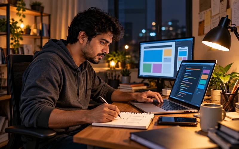 A developer adjusts code on a laptop screen while reviewing notes about new business features