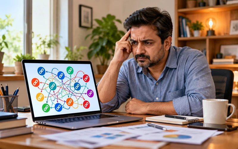 A business owner frowns at a laptop screen cluttered with overlapping link icons.