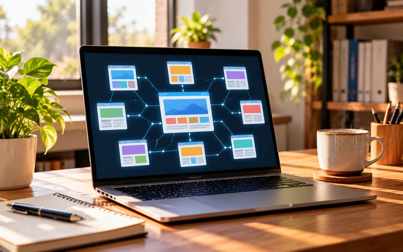 An abstract network of connected webpage thumbnails glows softly on a laptop screen.