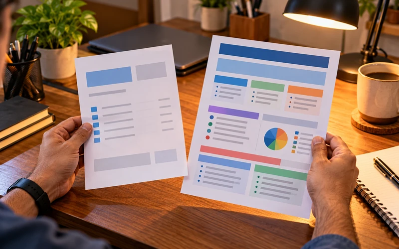 Hands hold two printed website quotes of very different prices for comparison