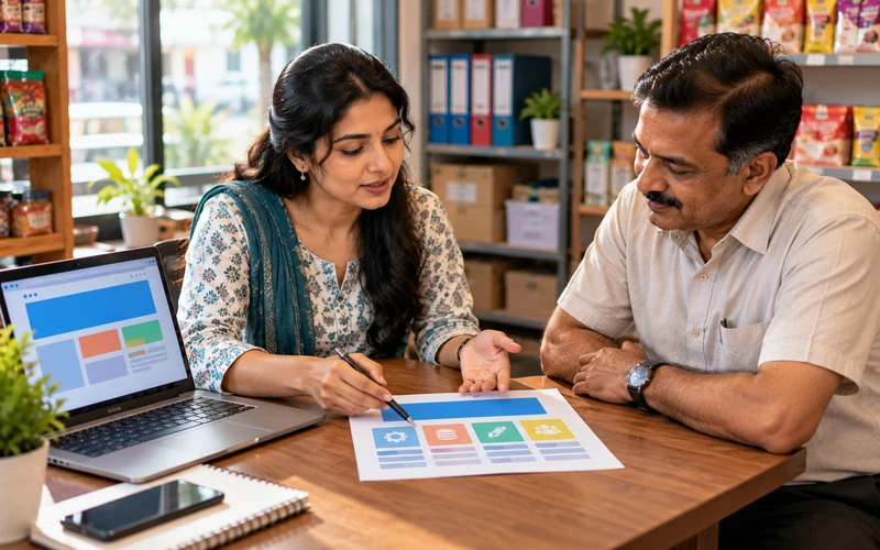 A developer explains a website cost breakdown sheet to a small shop owner