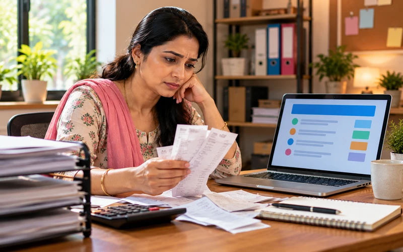 A business owner looks concerned at a stack of hosting and renewal receipts