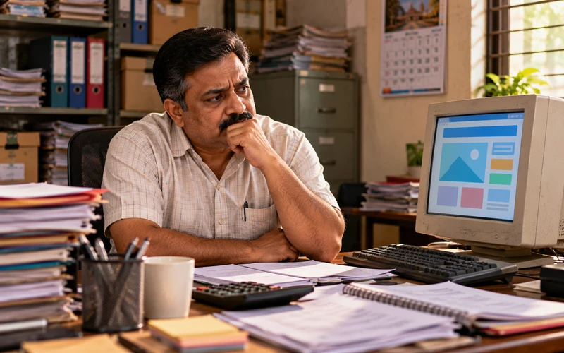 A shop owner sits at a cluttered desk beside an old computer, hesitating over a redesign decision.
