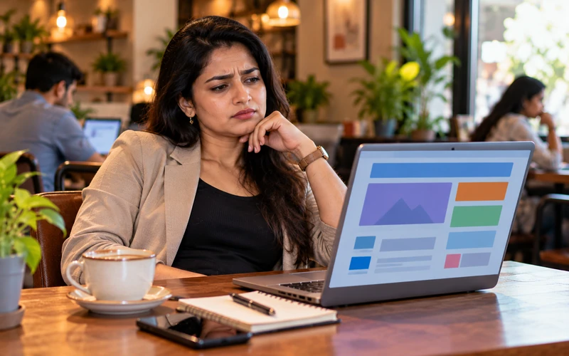 A visitor studies a laptop screen with a skeptical expression while browsing a business website.