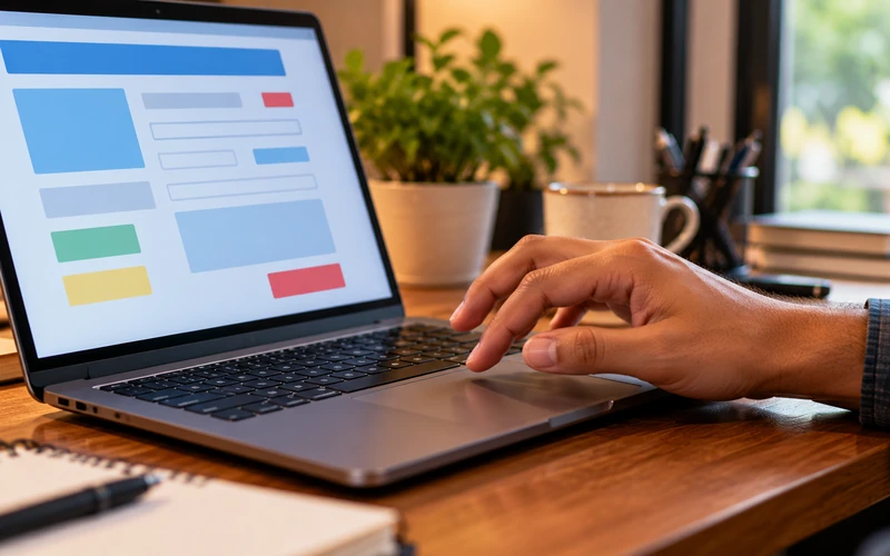 A hand hovers hesitantly over a laptop trackpad near an on-screen contact form.