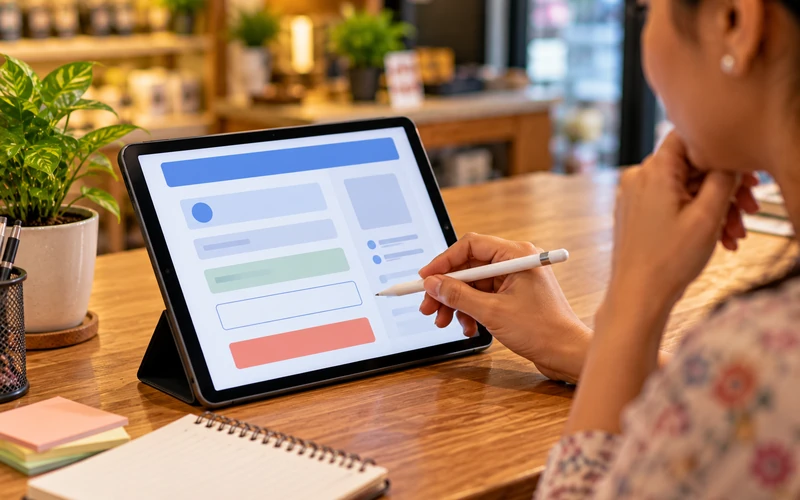 A hand hovers over a half-filled online form on a tablet, pausing mid-field.