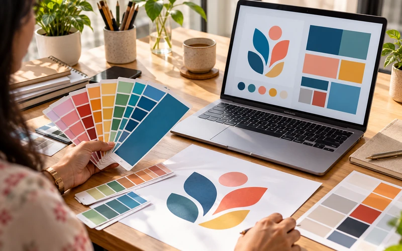 Color swatches and a logo printout sit beside a laptop showing a brand style guide.