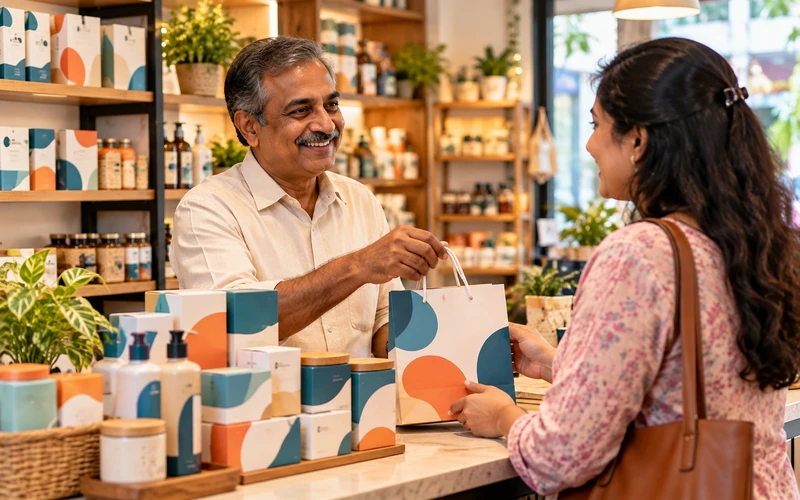 A shopkeeper warmly greets a returning customer who recognizes the familiar branding.