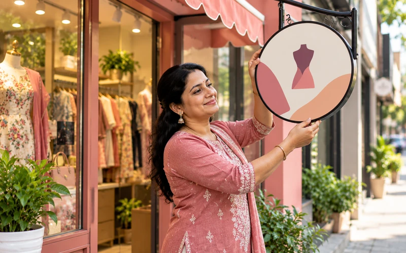A shop owner stands beside a storefront sign with consistent branding colors.
