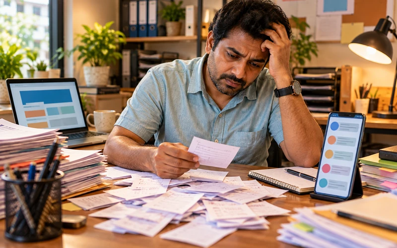 A small business owner sorts through a pile of enquiry notes beside a buzzing phone.