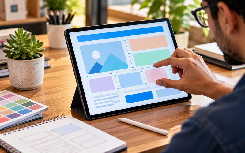 A designer's hand adjusts spacing on a clean grid layout displayed on a tablet.