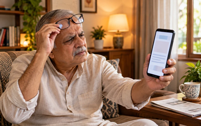 An older adult squints while trying to read small, low-contrast text on a phone
