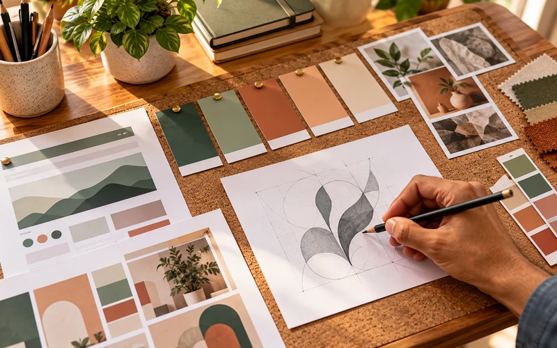 A brand mood board with color swatches and a logo sketch rests on a desk