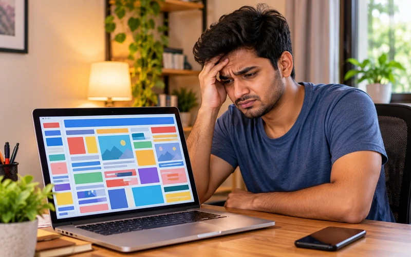A visitor looks overwhelmed by a busy, colorful webpage layout on a screen