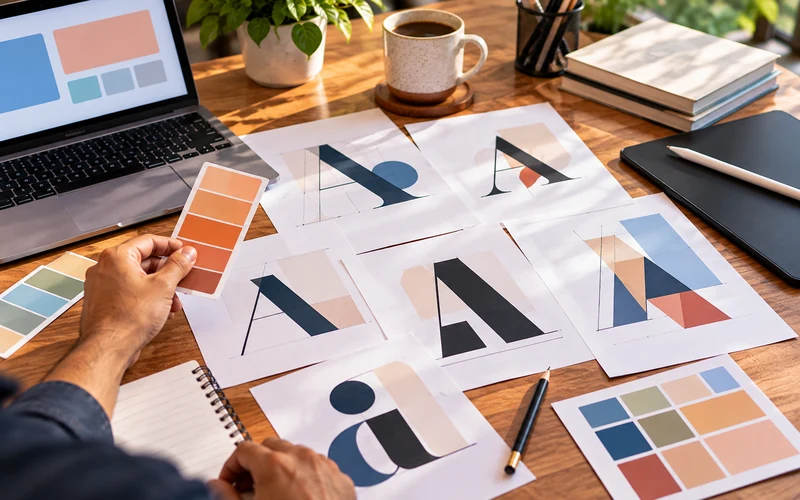 Printed typography samples and font swatches are spread across a design desk