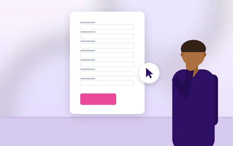 A finger hovers hesitantly over a submit button on a smartphone contact form.