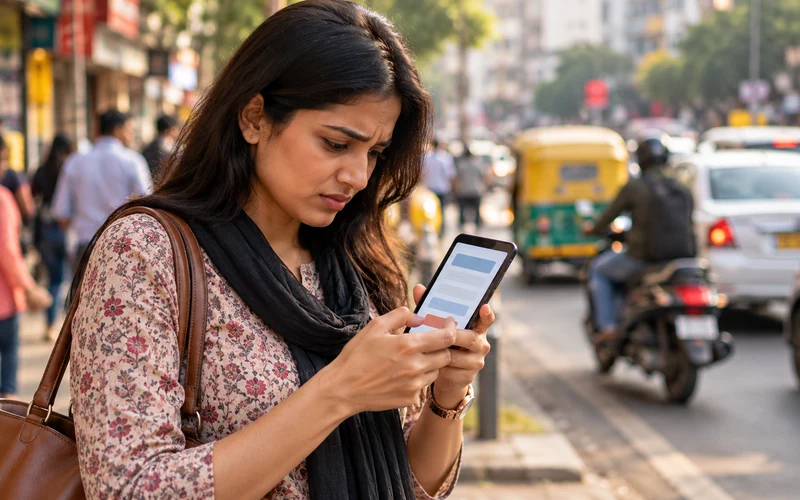 A commuter types impatiently on a cramped smartphone form while standing on a busy street.