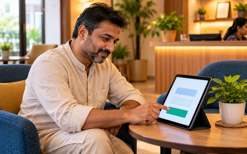 A tablet displays a clean two-field enquiry form next to a relaxed small business customer.