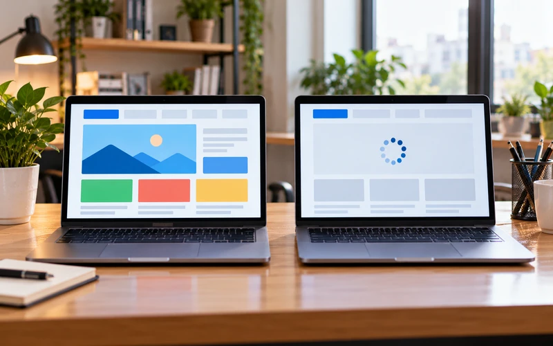 Two laptops side by side show one website loading smoothly and another stalled.