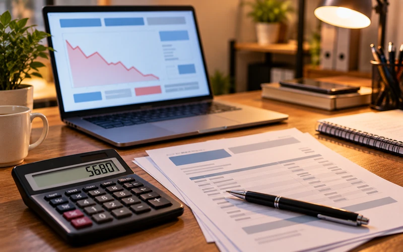 A calculator and invoice sit beside a laptop, illustrating the hidden cost of cheap hosting.