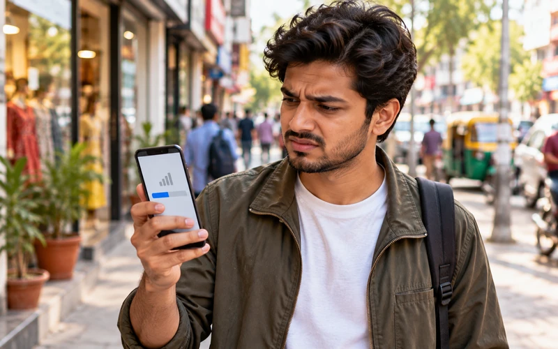 A person stands on a street checking a slow-loading page on their smartphone.