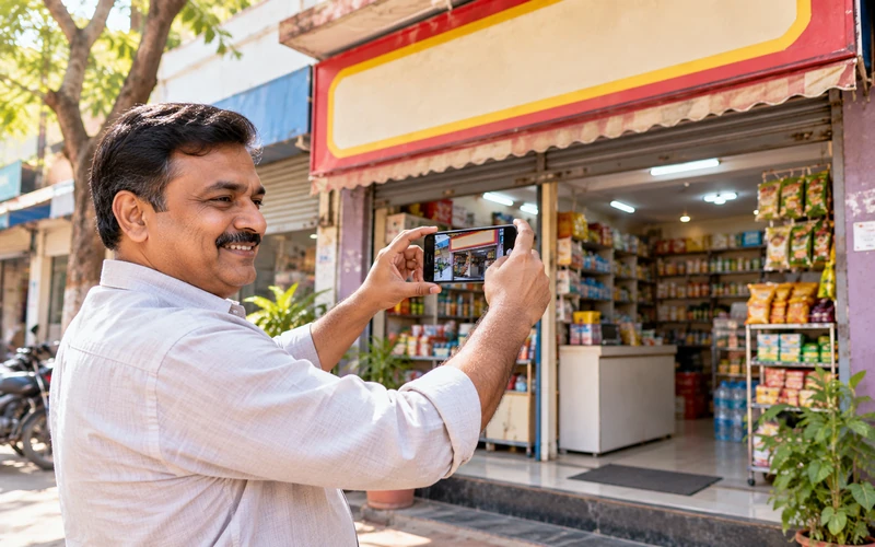 A shop owner photographs their own storefront with a smartphone instead of using stock images