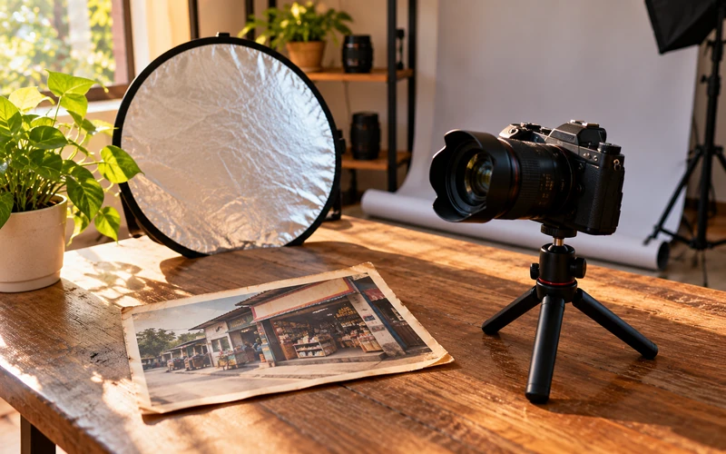 A camera and reflector are set up near an old printed photo symbolizing refreshed business visuals
