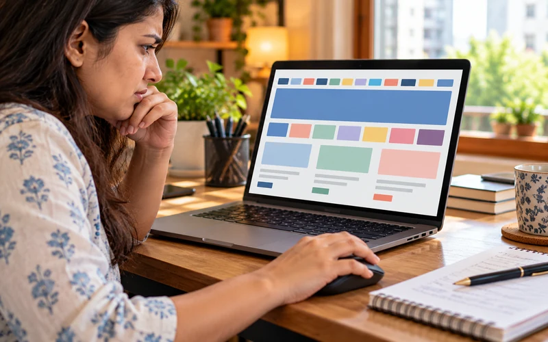 A hand hovers over a mouse, hesitant before a crowded website navigation menu
