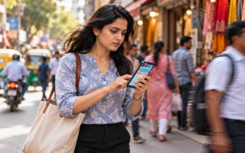 A person taps a smartphone's menu button quickly while walking in a hurry