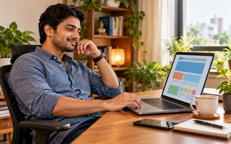 A person browses a website on a laptop with a relaxed, confident expression