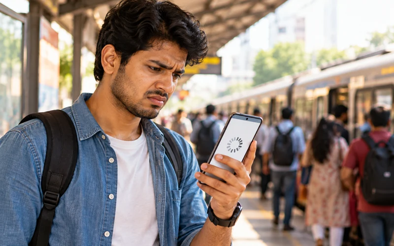 A commuter waits impatiently while a loading spinner spins on a smartphone screen.