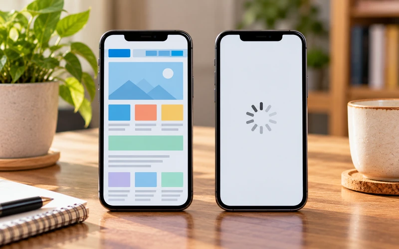 Two smartphones side by side show one page loading quickly and another lagging behind.