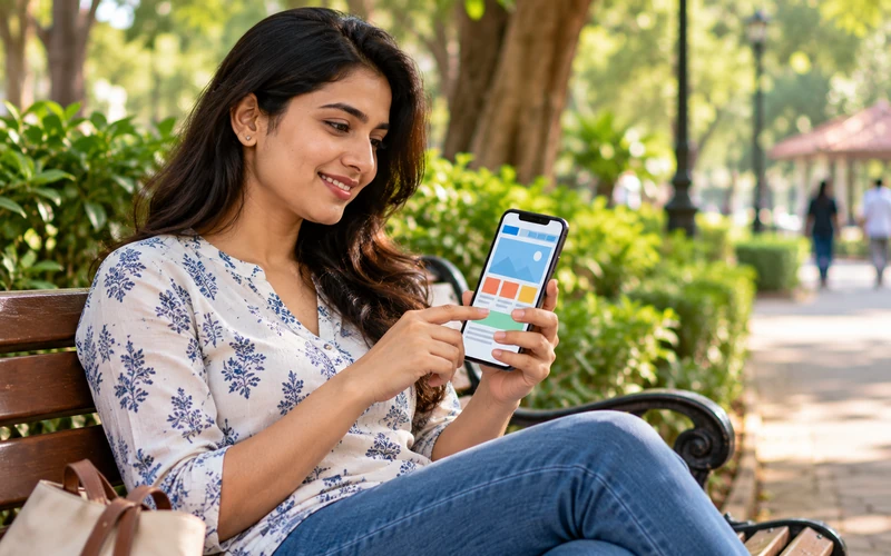 A customer comfortably taps through a business website on her smartphone outdoors.