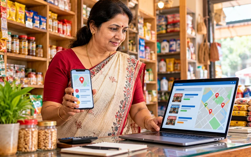 An Indian shop owner checks both a smartphone and laptop while managing local search listings.