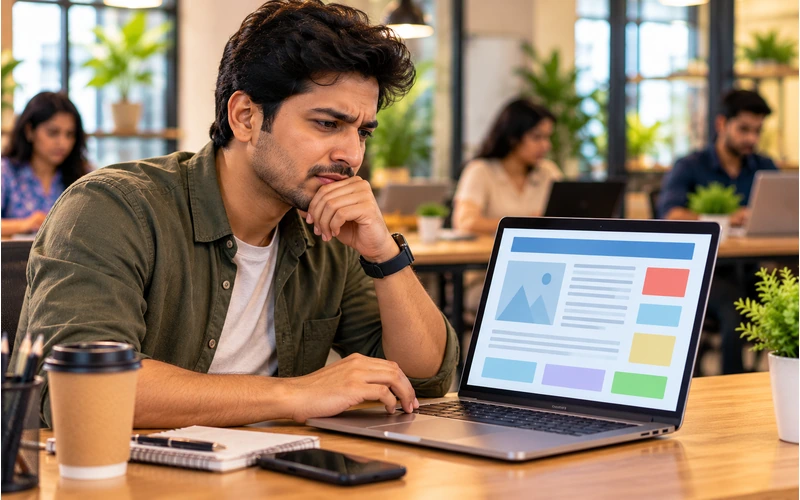 A visitor looks puzzled while reading an unclear webpage on a laptop screen