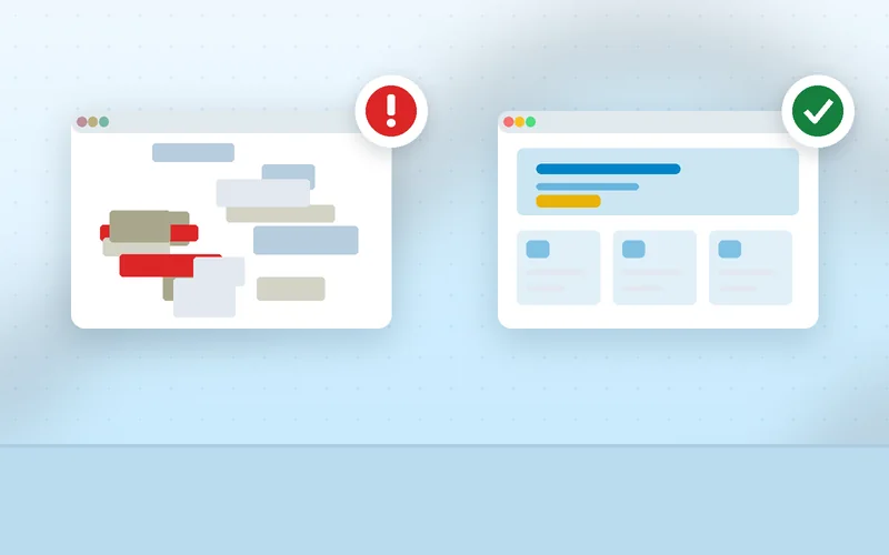 Split screen on a laptop contrasts an outdated cluttered design with a clean modern one.